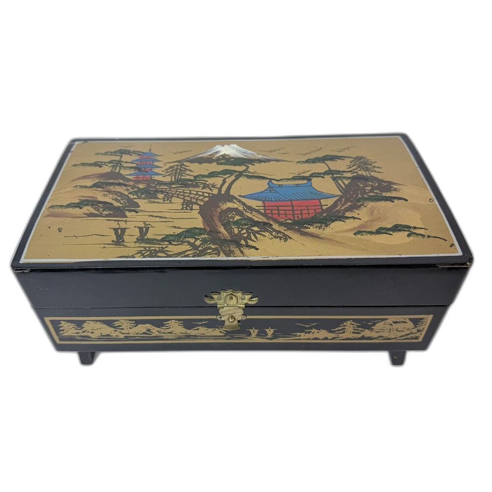 Vtg Toyo Japanese Black Lacquer Music Box Jewelry Ballerina Works Mirrored